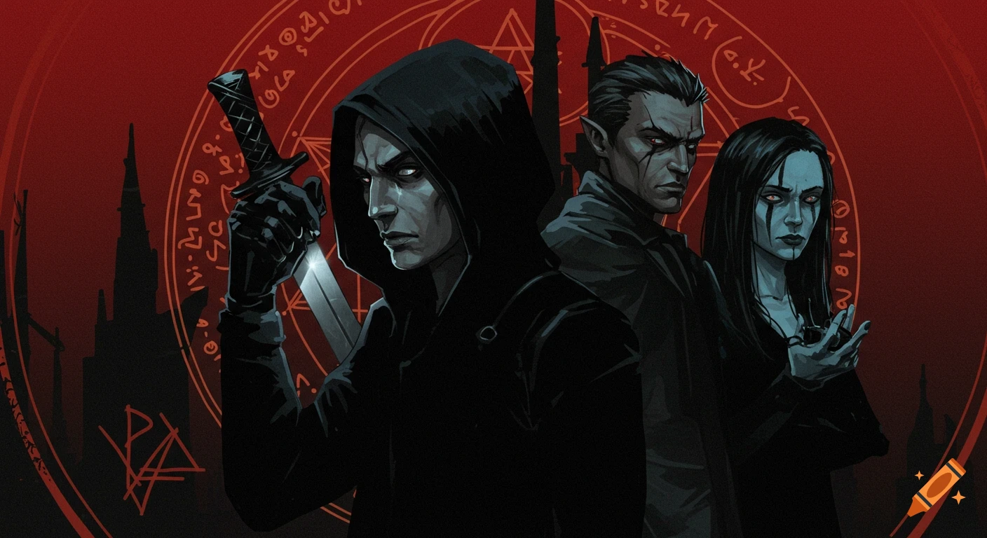 Illustration of three dark, stylized figures with glowing eyes and black clothing, one holding a dagger, against a red background with glowing arcane symbols and silhouetted spires.