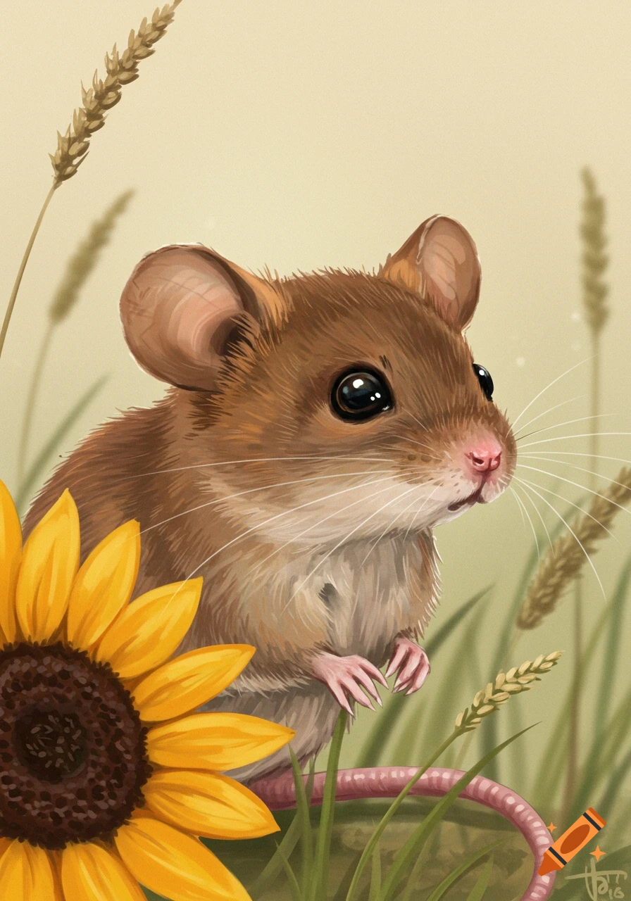 Illustration of a small mouse next to a sunflower in a field of wheat ...