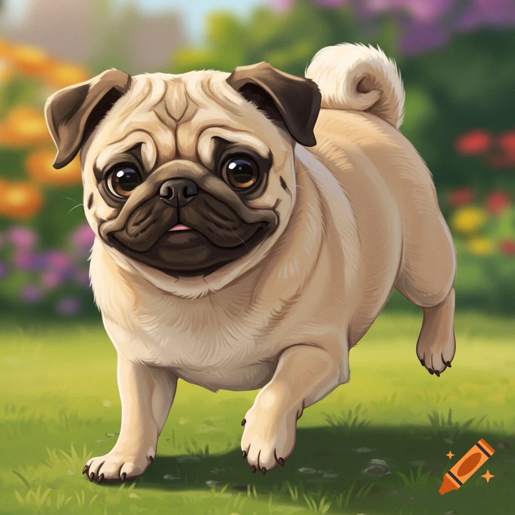 A cute pug runs in a garden illustration.