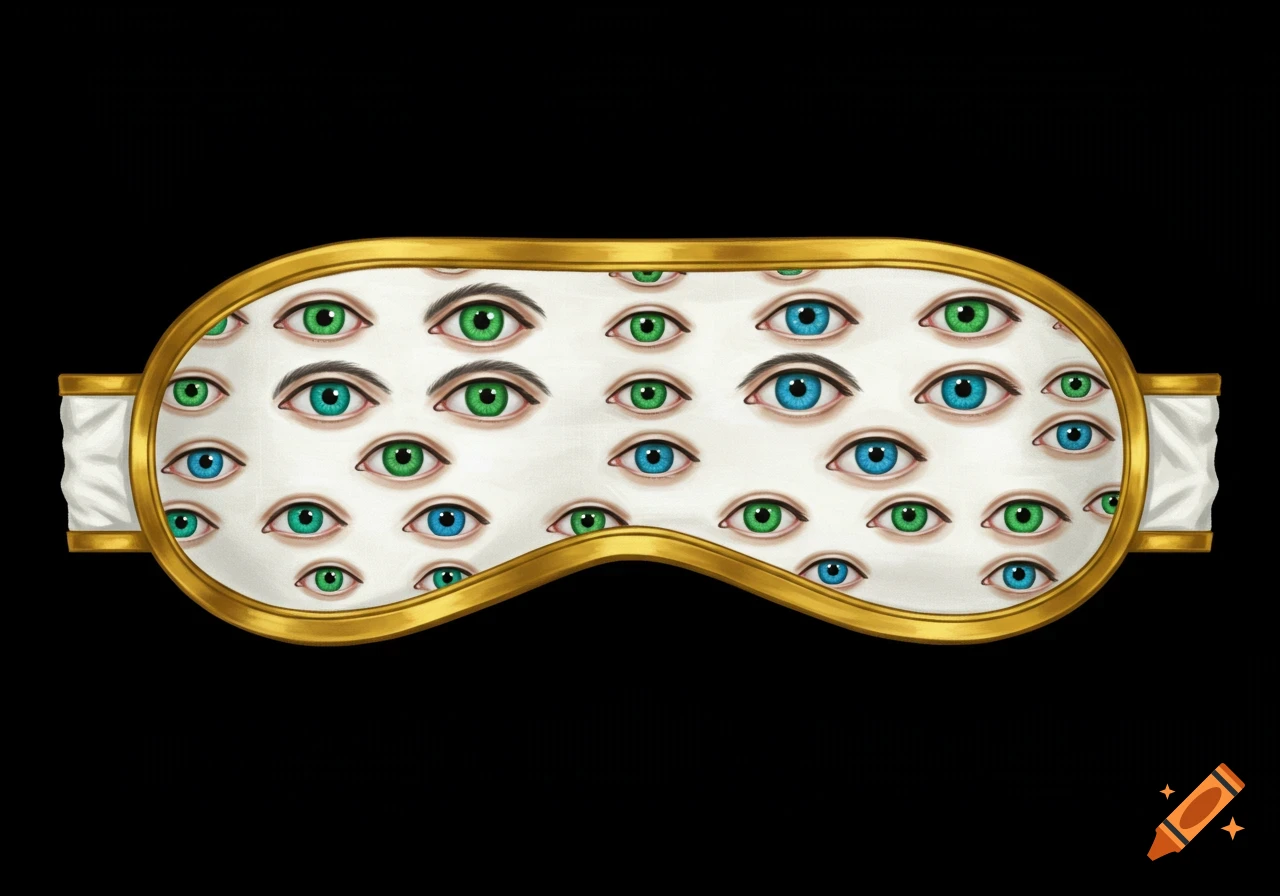 A white blindfold with a gold trim is covered in a pattern of many green and blue eyes.