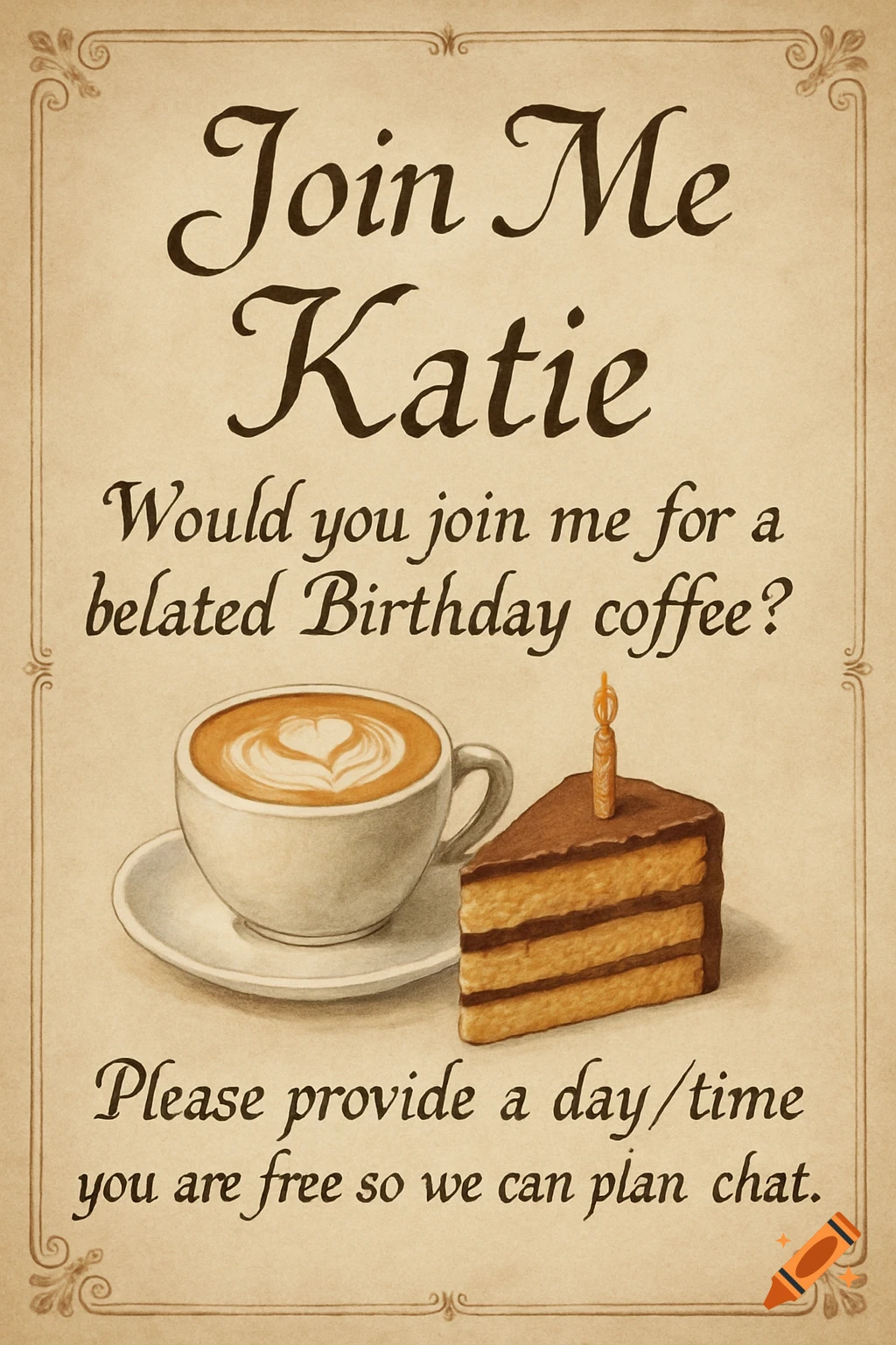 Vintage style invitation with text, a coffee cup, and a slice of cake.