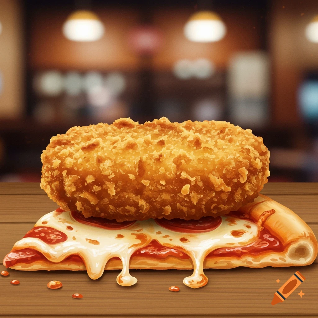 Large fried chicken nugget on a slice of pepperoni pizza with melted cheese
