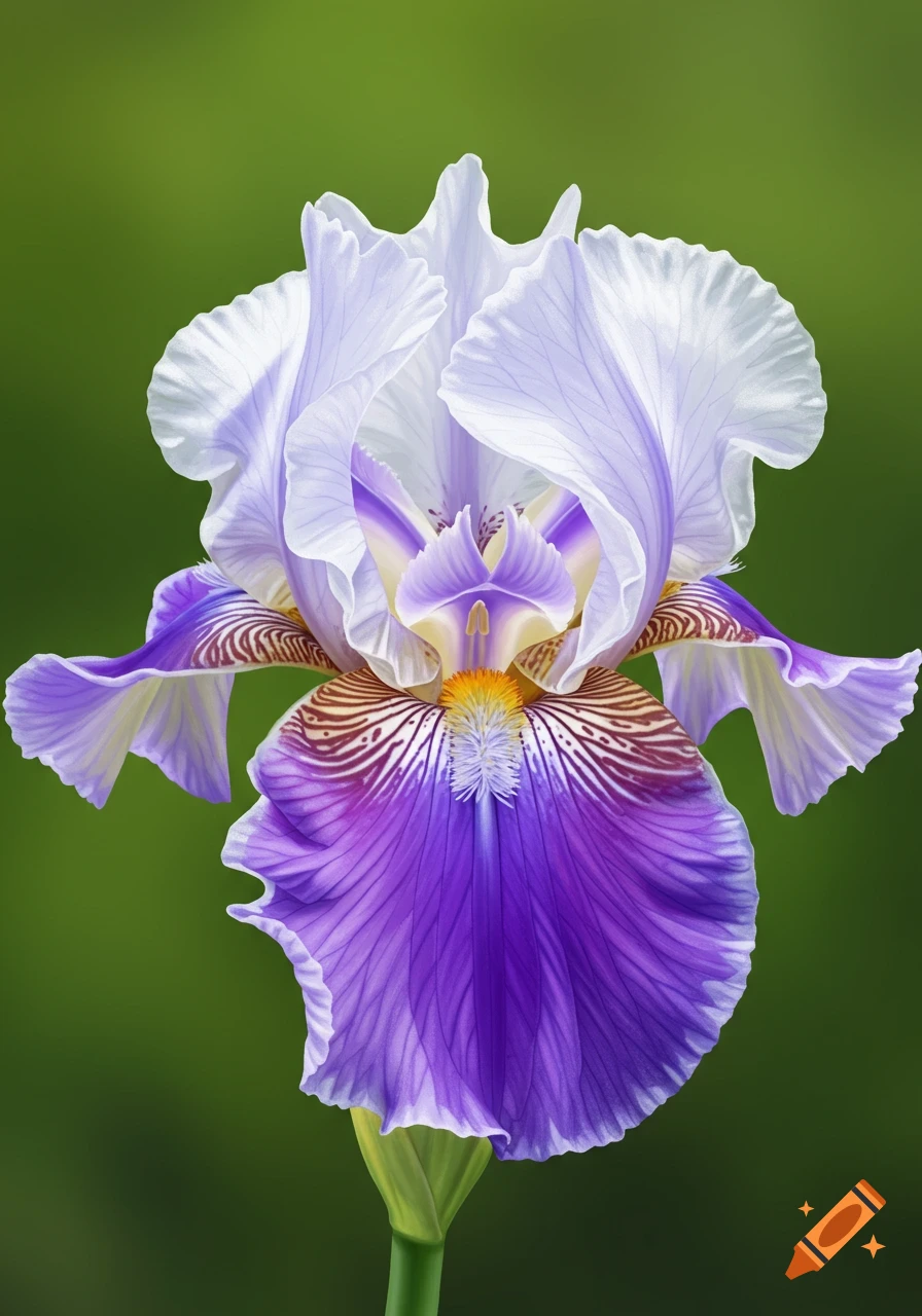Close-up of a purple and white iris flower against a green background.