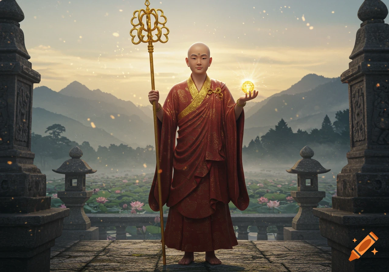 A young monk holds a staff and glowing jewel in a temple courtyard with lotus flowers and mountains at dawn, photorealistic style.