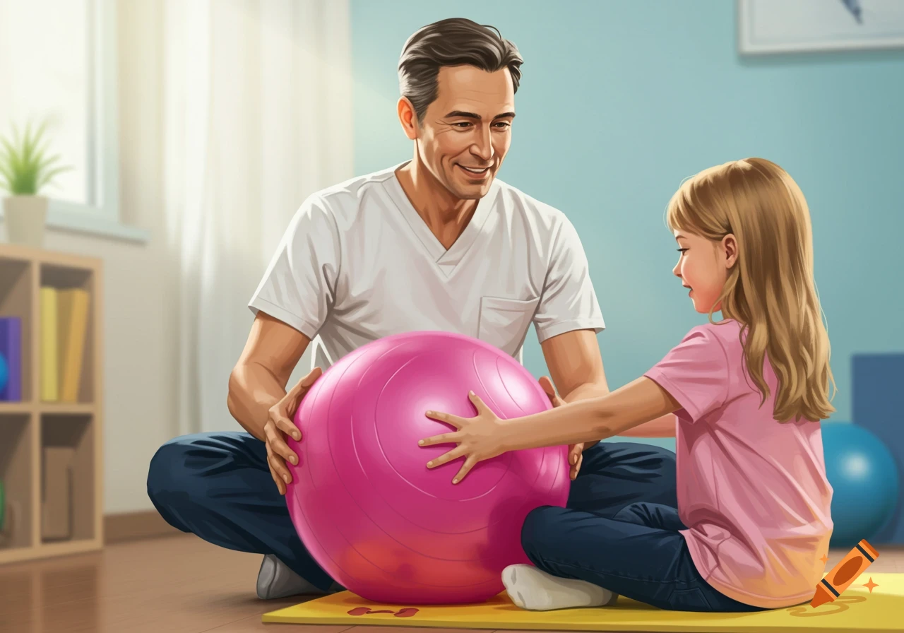 Male physiotherapist helps a young girl with a pink exercise ball in a room, digital illustration.