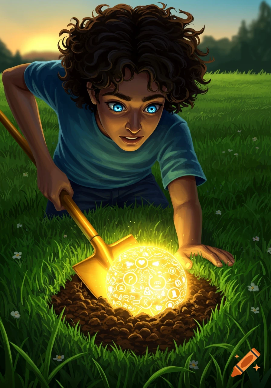 A child digs in the grass at sunset, unearthing a glowing sphere covered in icons and symbols, illustration.
