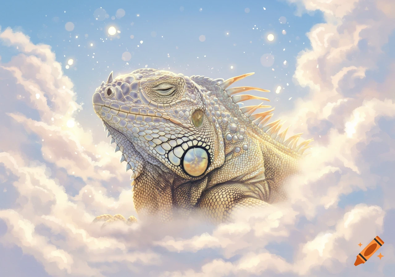 A peaceful iguana rests in bright clouds with light rays, digital painting.