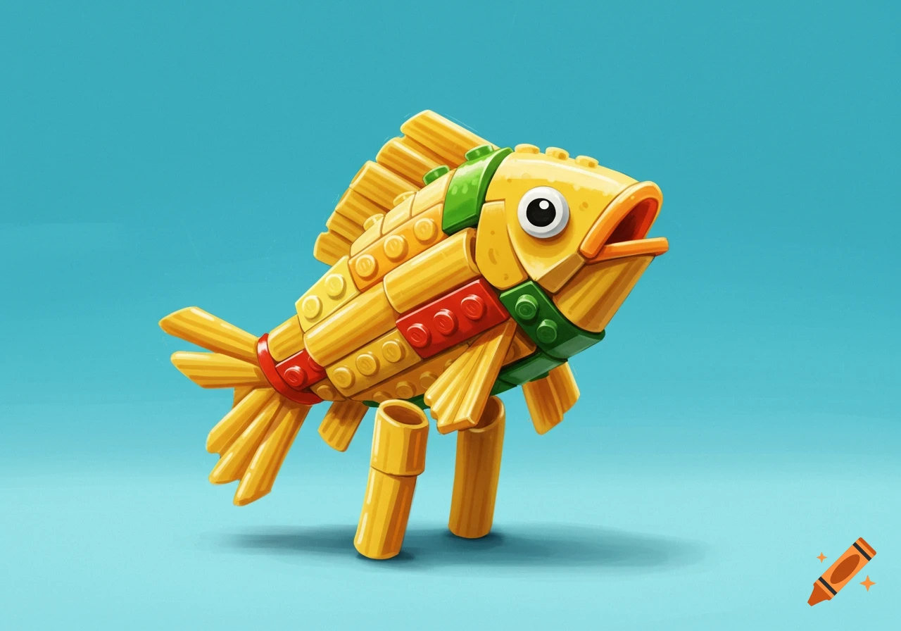 A cartoonish fish made of yellow Lego bricks and pasta tubes stands upright against a blue background.