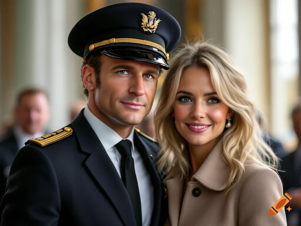 Photorealistic portrait of a man in a naval uniform and a woman in a tan coat.