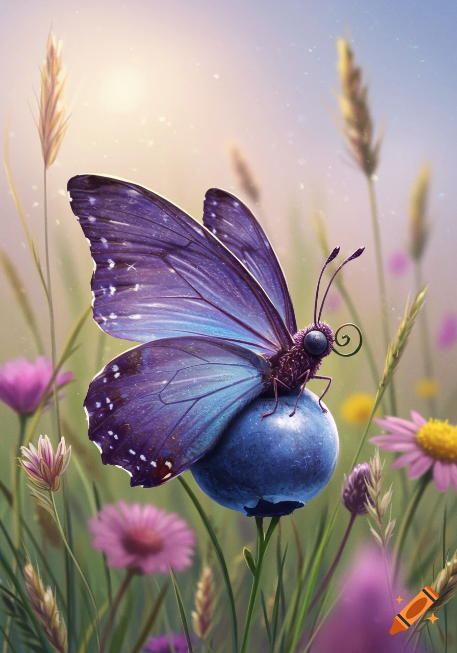 A vibrant purple and blue butterfly sits atop a large blueberry in a field of colorful flowers and grass under warm sunlight.