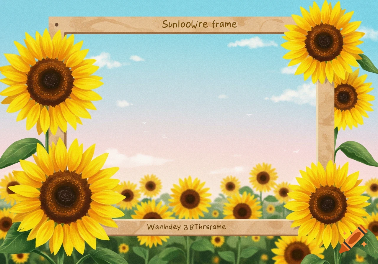 Illustration of a wooden frame surrounded by sunflowers in a field under a blue sky.