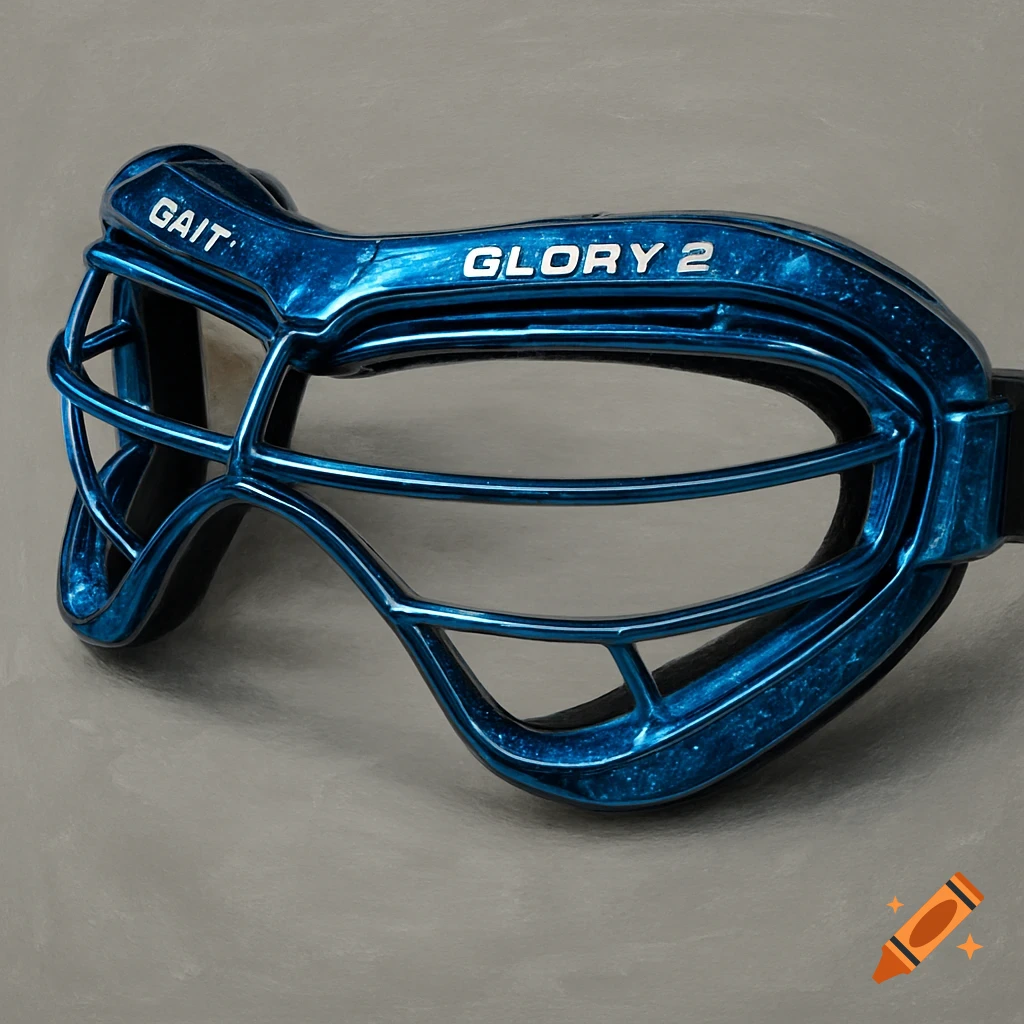 Close-up of blue chrome lacrosse goggles with paint flecks