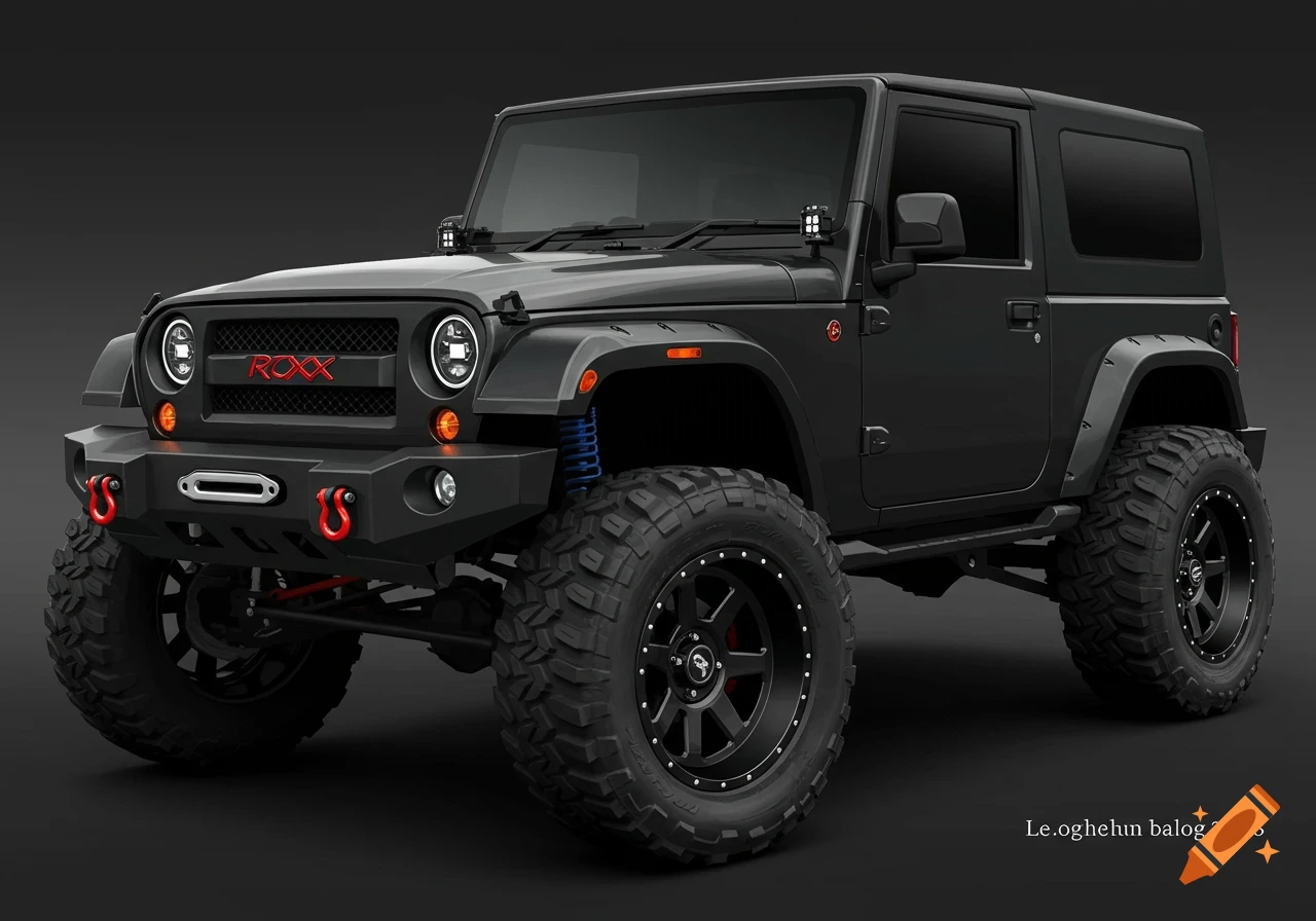 A black off-road vehicle with large tires and red accents