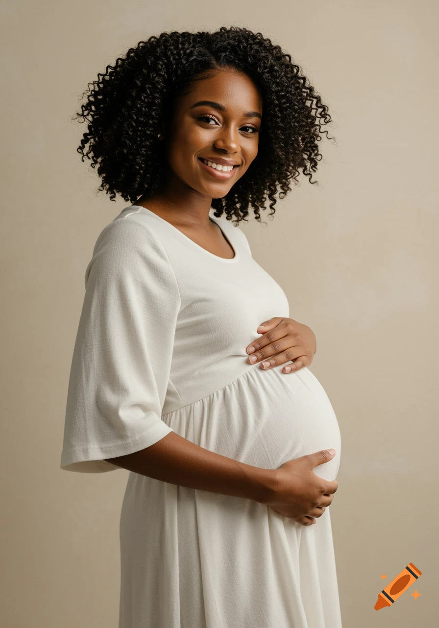 Smiling pregnant woman with curly hair holding her belly in a white dress.