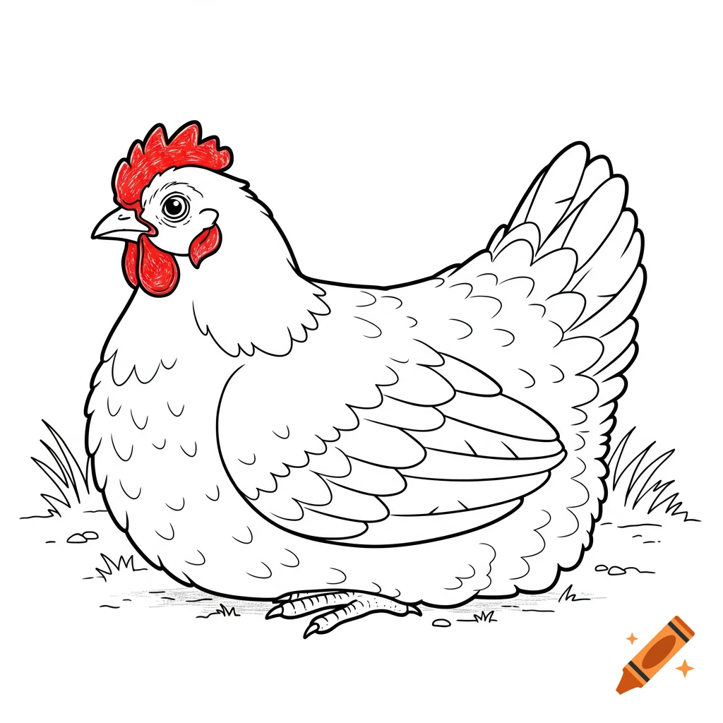 Black line drawing of a hen laying down