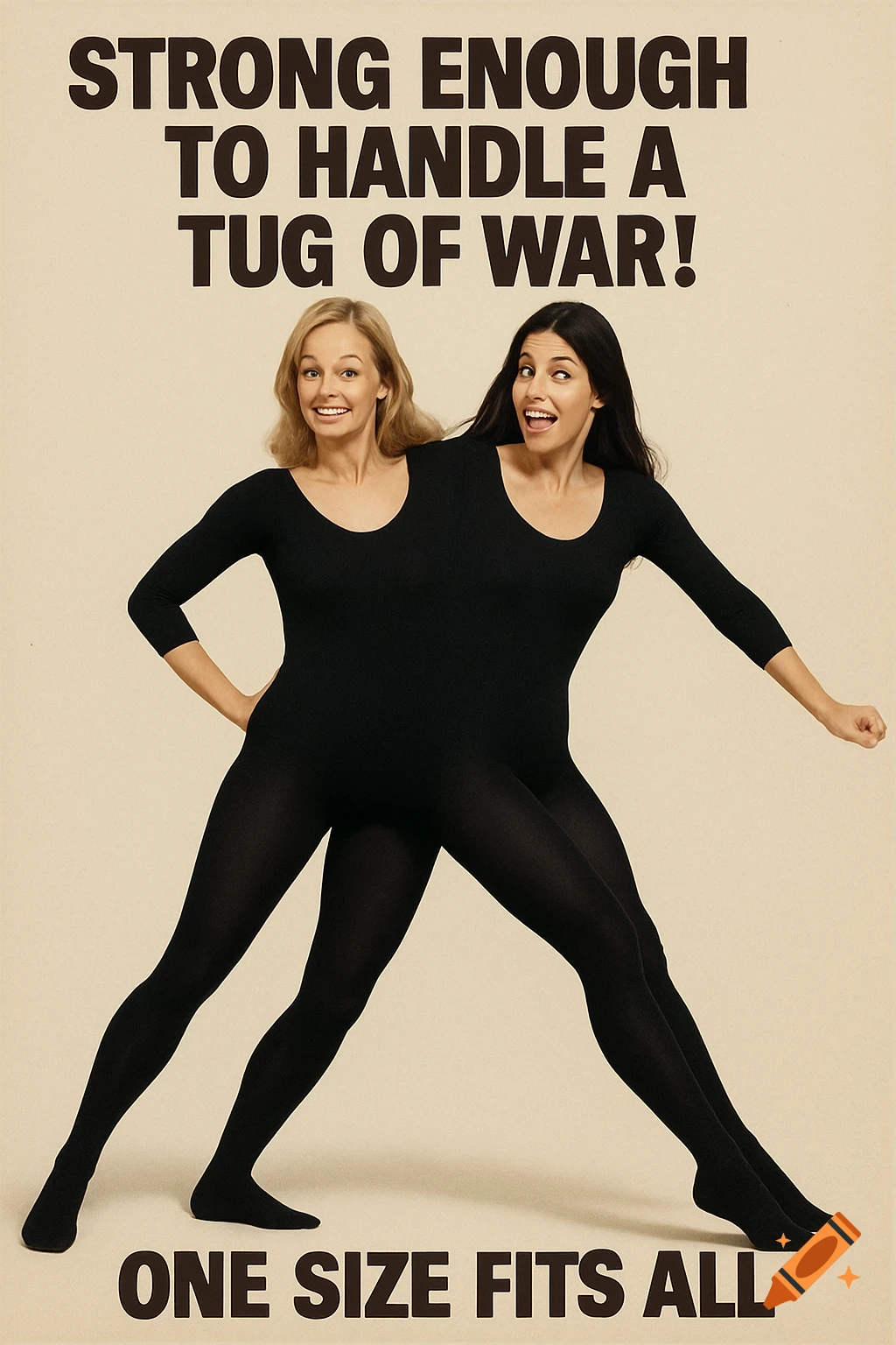 Two women in a single black bodysuit forming a two-headed figure with promotional text.