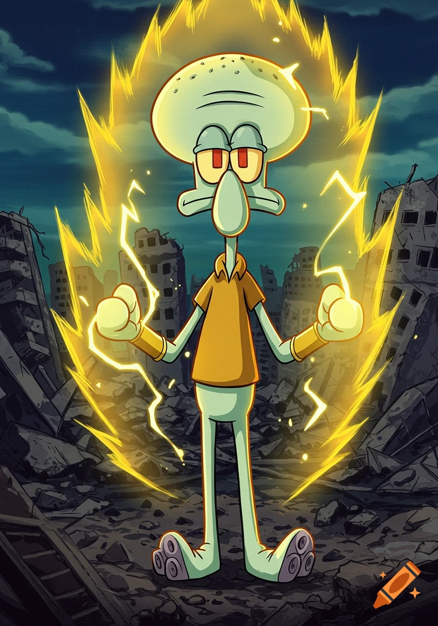 Squidward Tentacles as a Super Saiyan stands in a destroyed city, surrounded by a yellow aura.