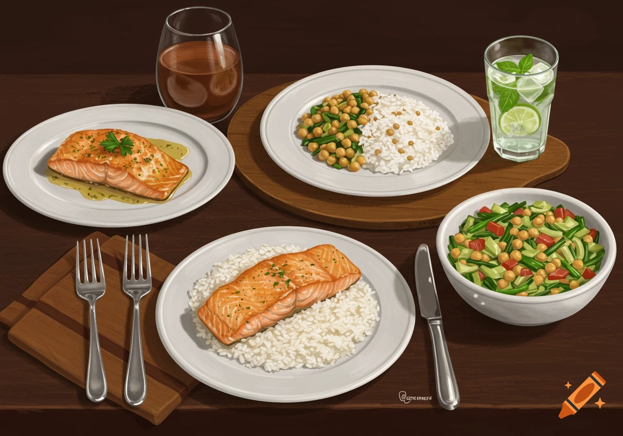 An illustration of a dinner table setting with plates of salmon and rice, a bowl of salad, and two drinks.