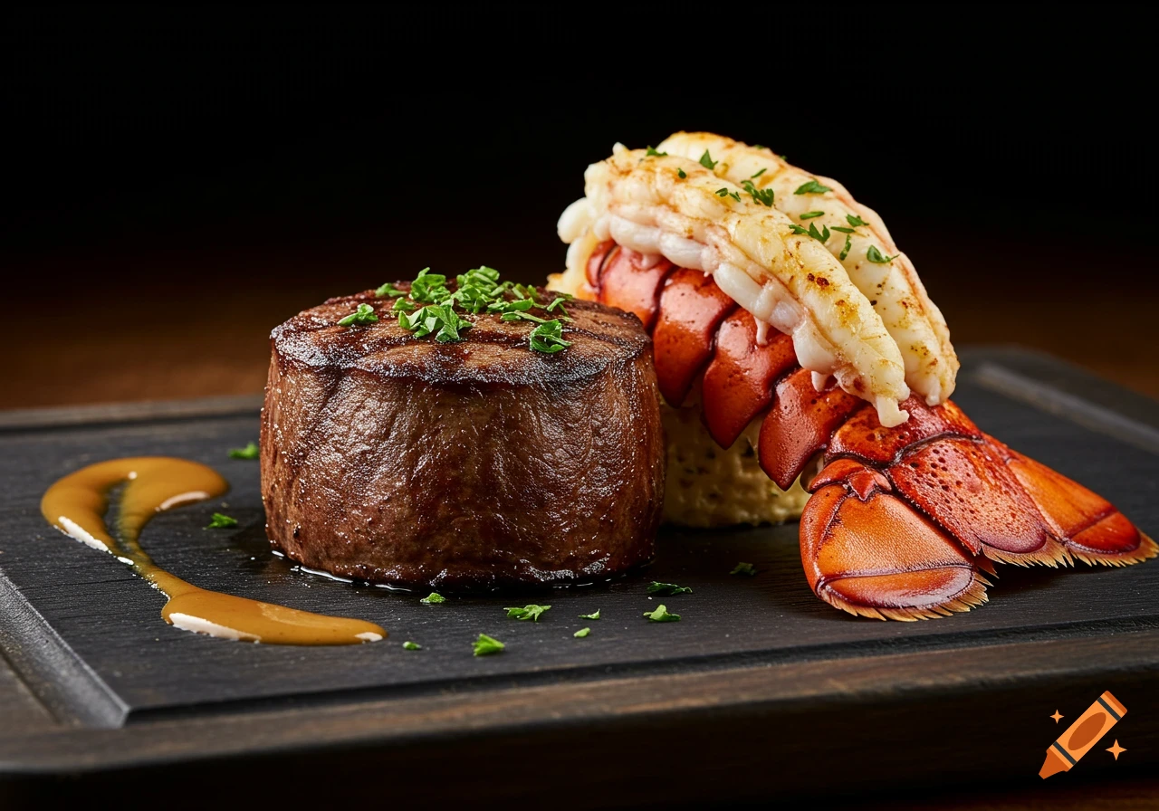 Close-up of a grilled filet mignon steak next to a lobster tail with parsley garnish on a dark board.