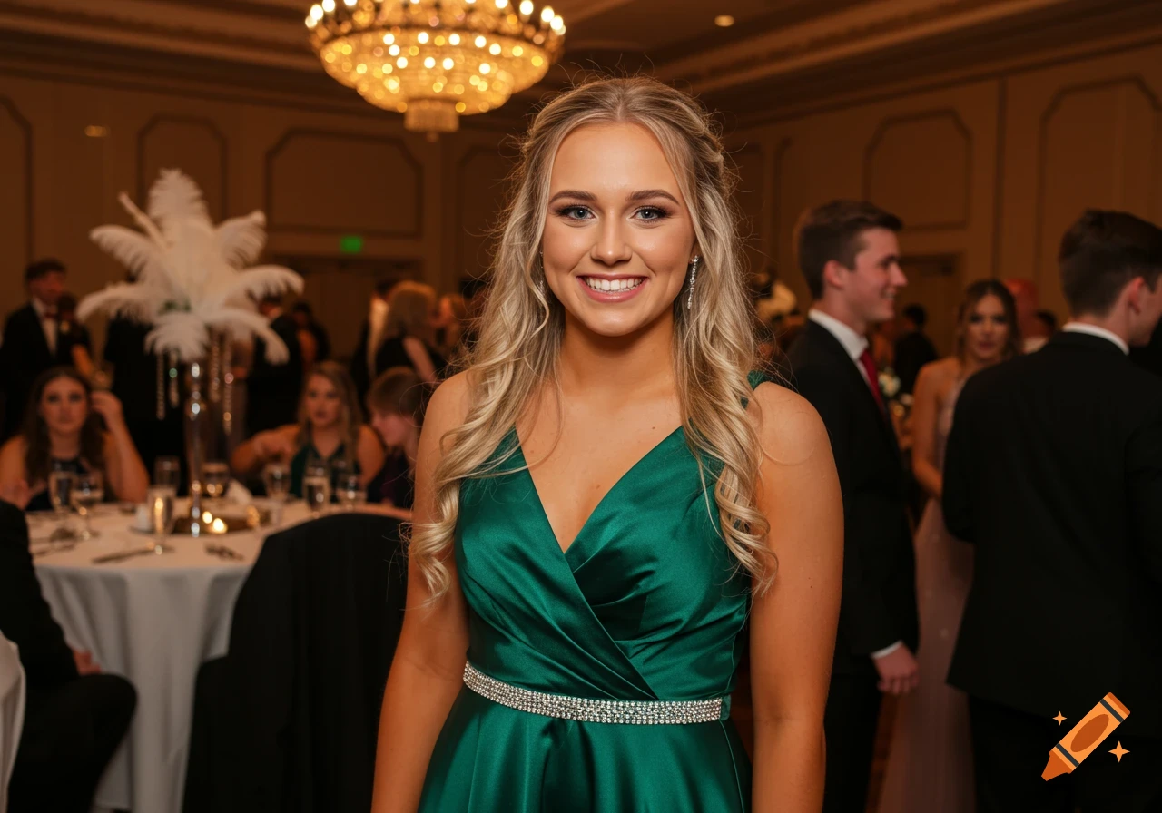 Young woman in green satin dress smiling at a formal event.