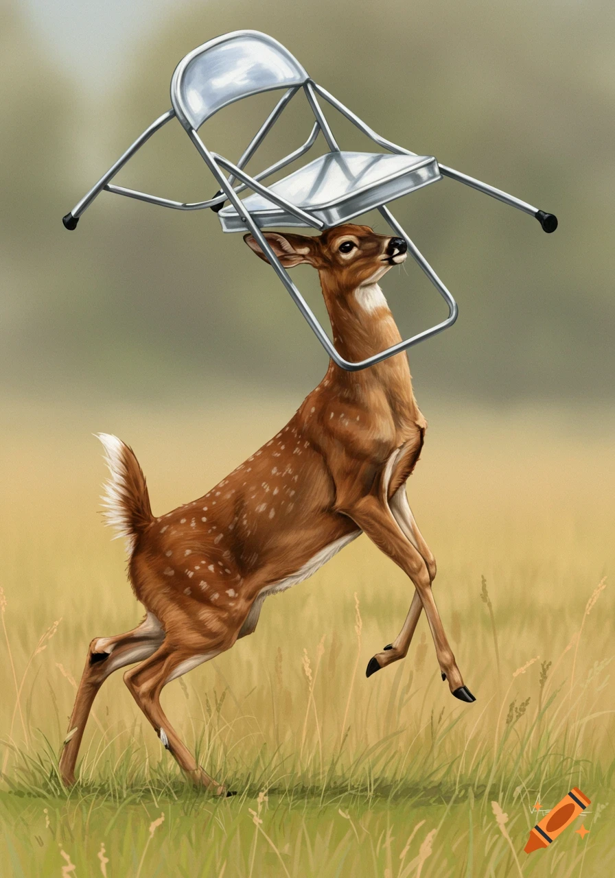 A deer stands on its hind legs swinging a metal folding chair above its head in a field.
