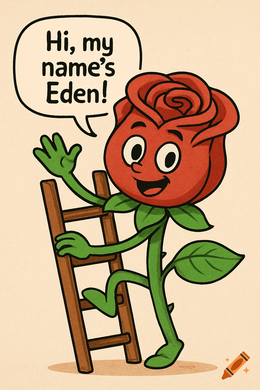 Cartoon rose character climbing a ladder with a speech bubble