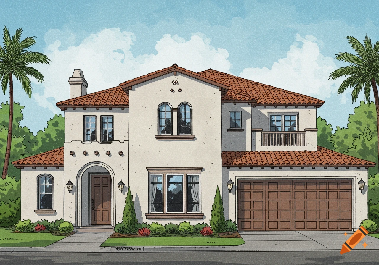 Illustration of a two-story white stucco house with a tile roof, garage, balcony, and palm trees.