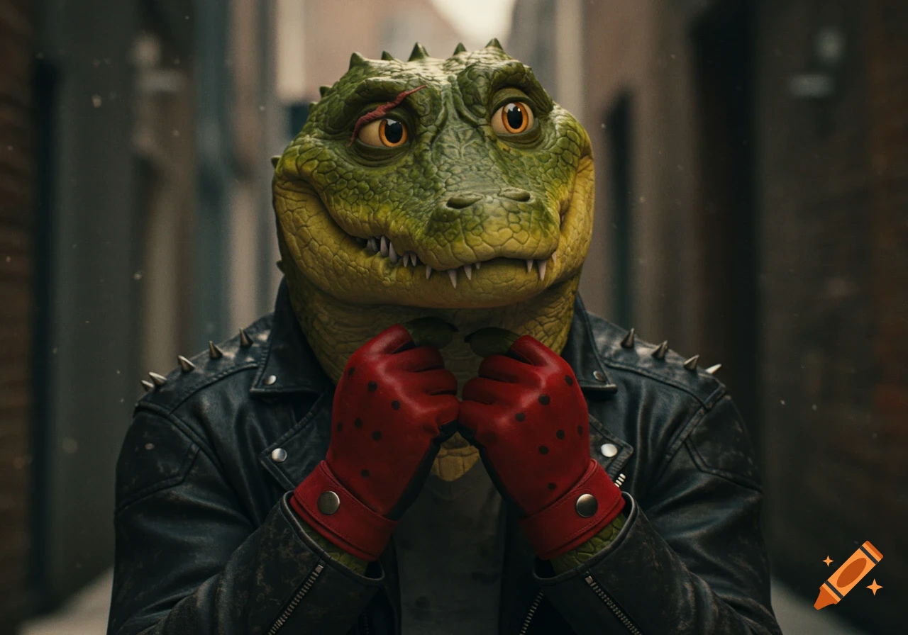 Photorealistic anthropomorphic crocodile in a leather jacket and red gloves standing in an alley.
