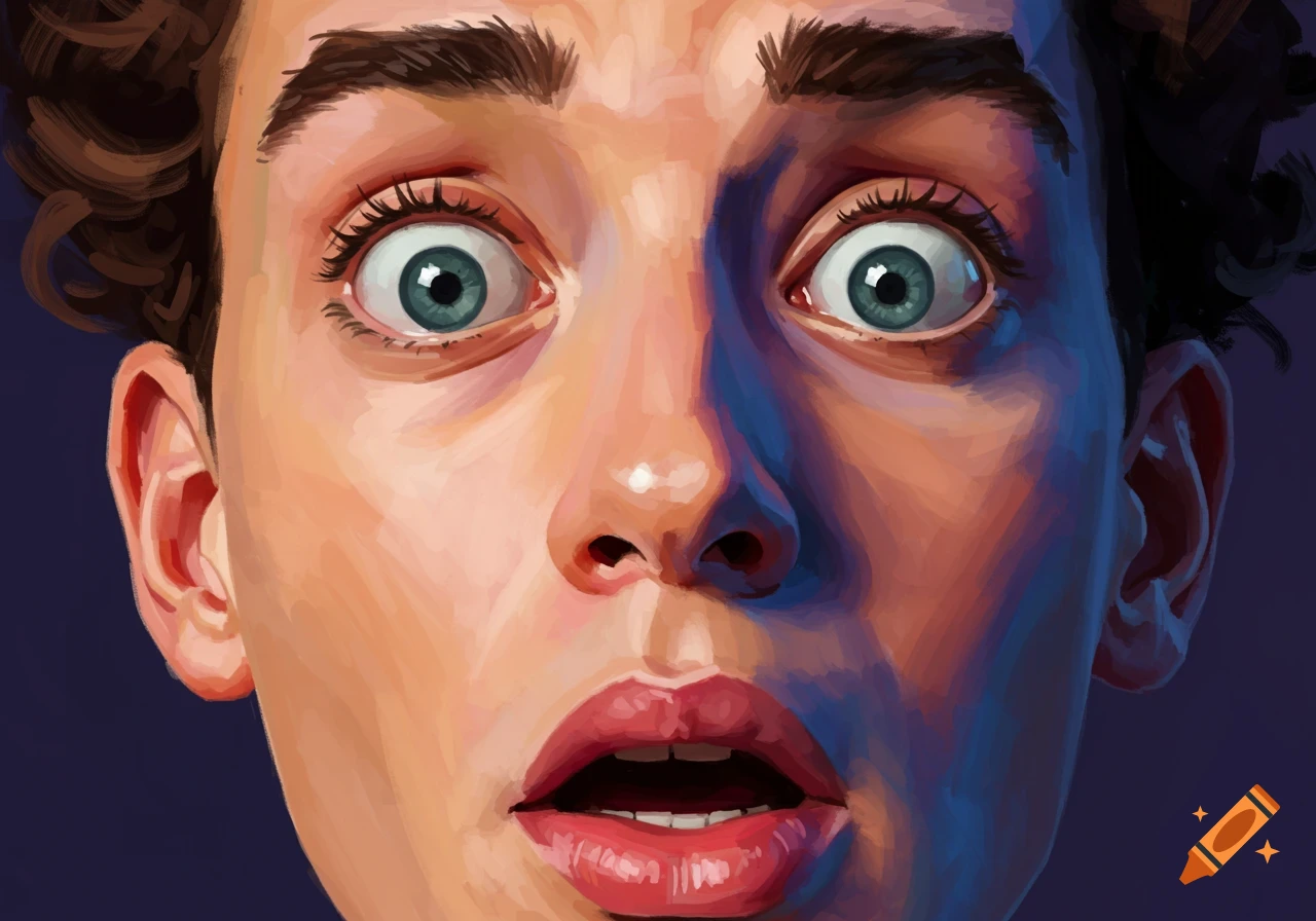 Close-up illustration of a surprised face with wide eyes and open mouth.