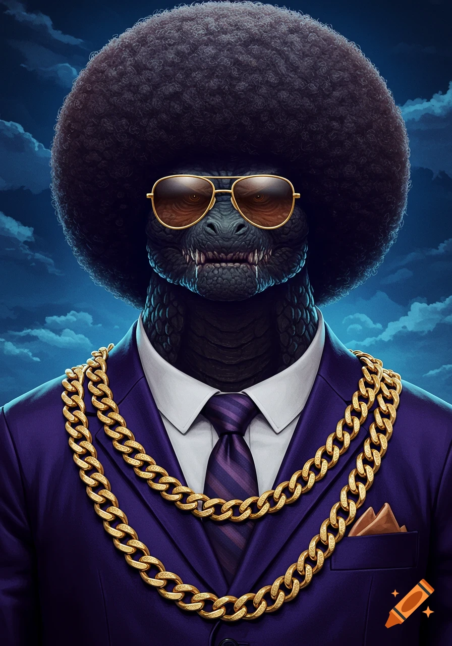 A reptilian character with an afro and sunglasses wears a purple suit and gold chains.