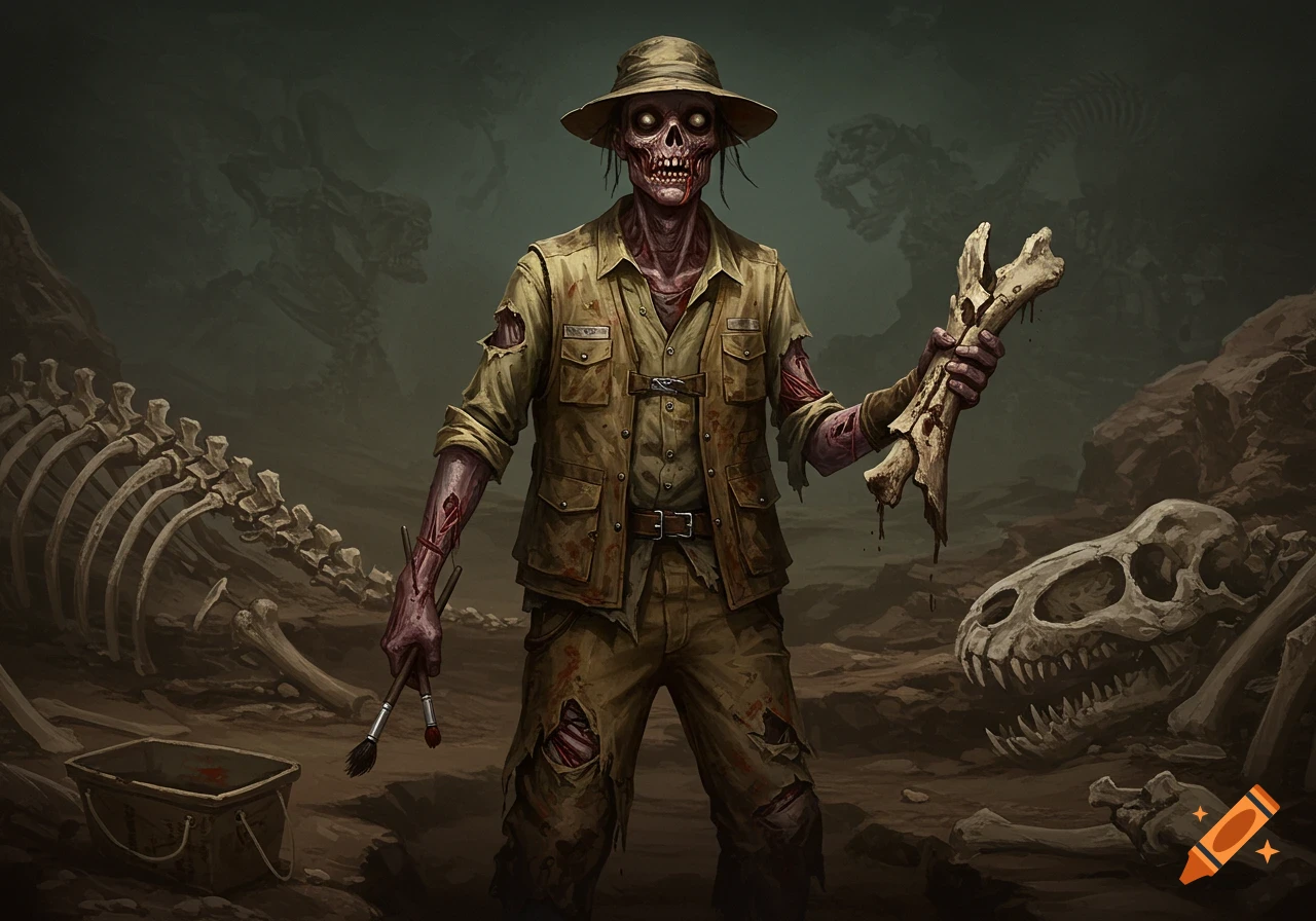 A zombie paleontologist stands among dinosaur skeletons, holding a bone and paintbrushes in a dark, stylized illustration.