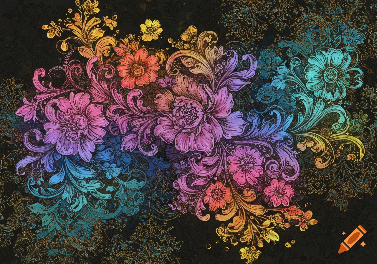 Colorful Victorian-style floral pattern with ornate leaves and flowers against a dark background.