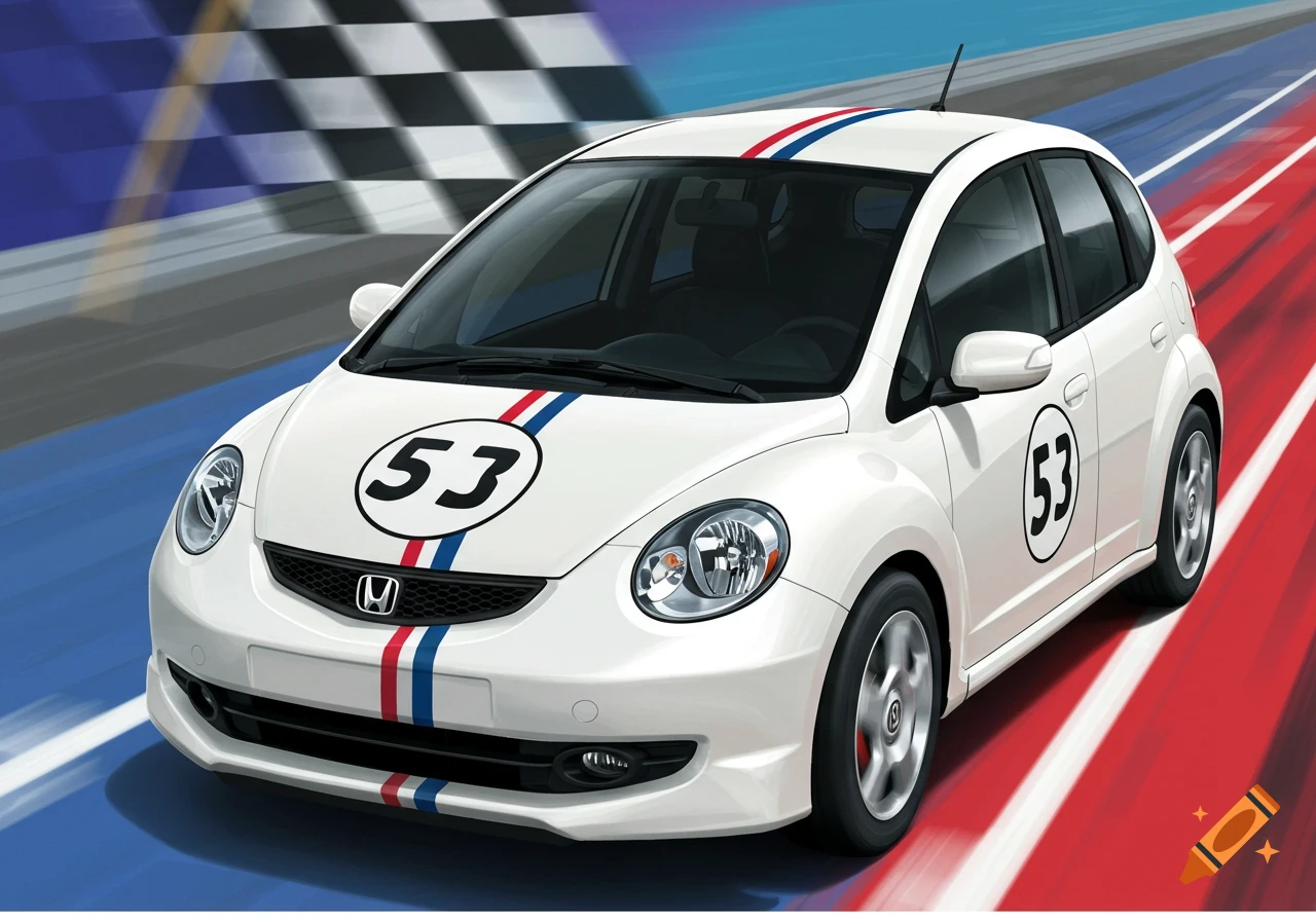 White Honda Fit car with red, white, and blue racing stripes and the number 53 on a race track