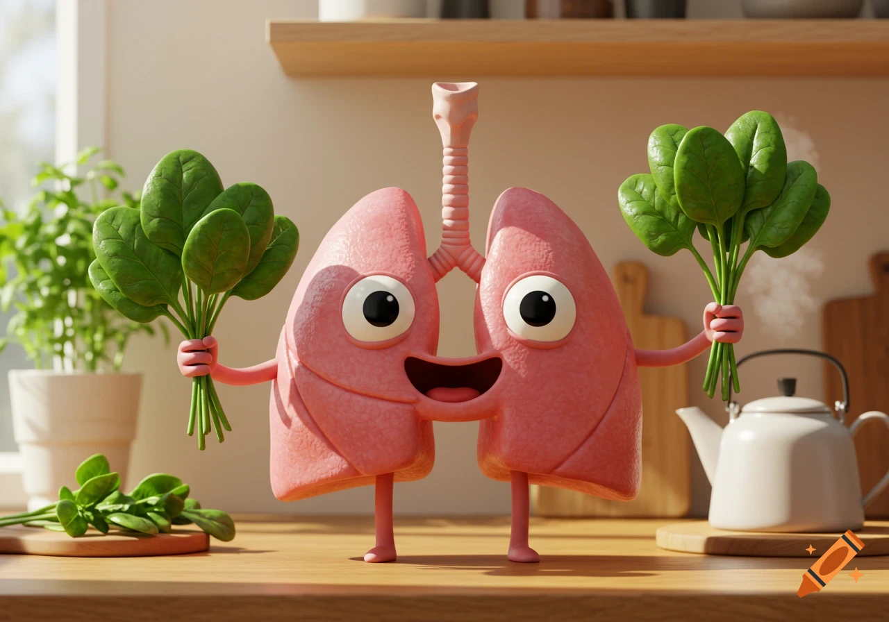 3D cartoon lungs holding spinach in a kitchen