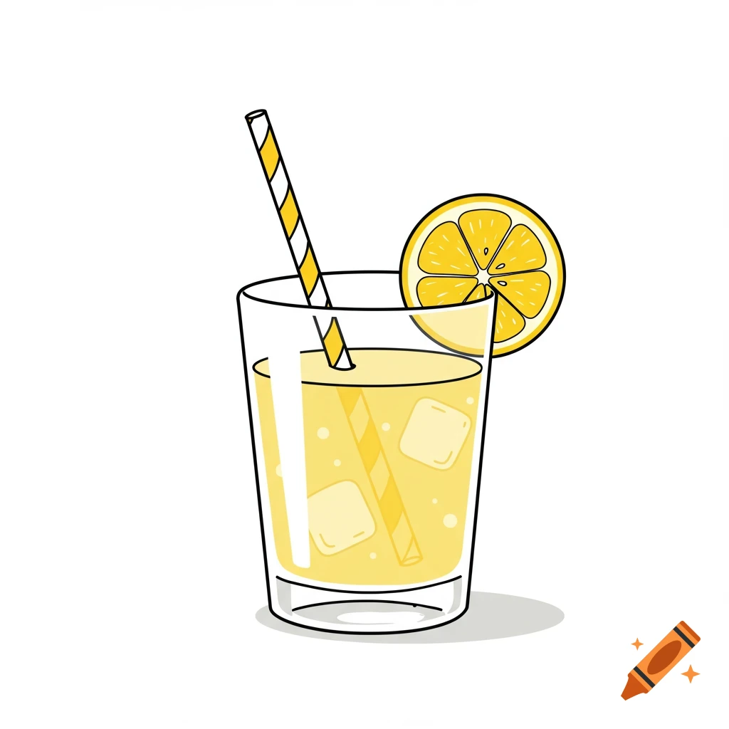 A simple retro illustration of a glass of lemonade with ice, a striped straw, and a lemon slice on the rim.
