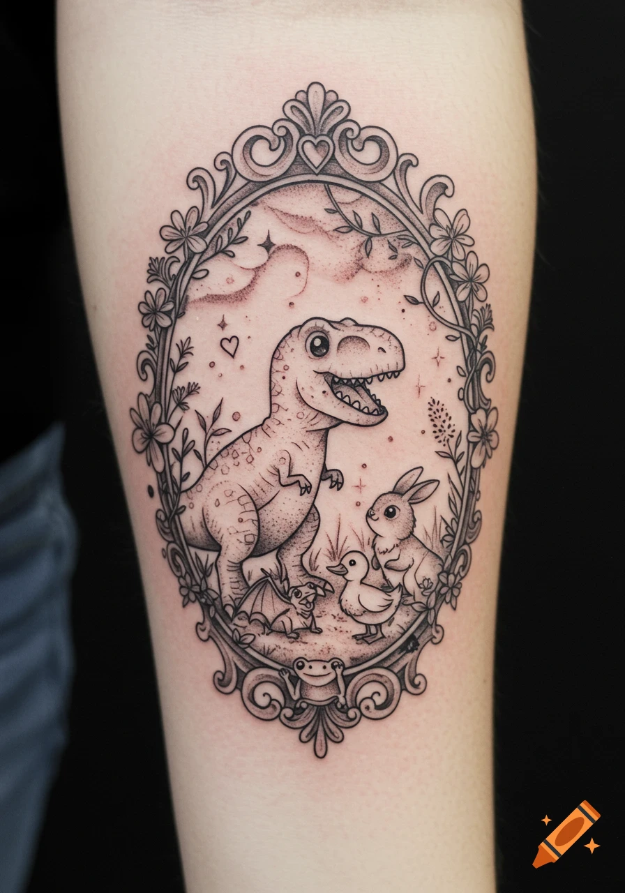 Black and grey tattoo of a T-Rex, bunny, duck, and bat in an ornate frame on an arm.