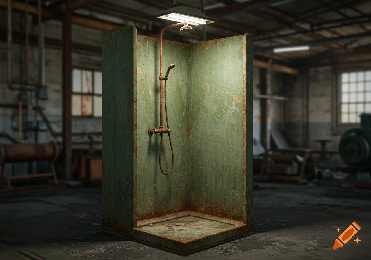 A photorealistic image of a rusty green shower stall in an old factory.