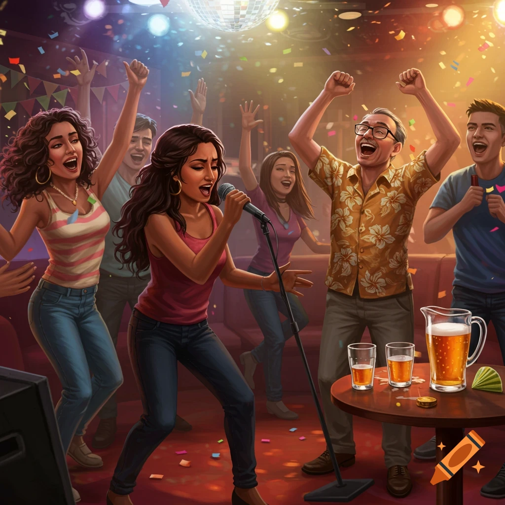 Group of people singing karaoke and dancing in a lively bar with confetti falling.