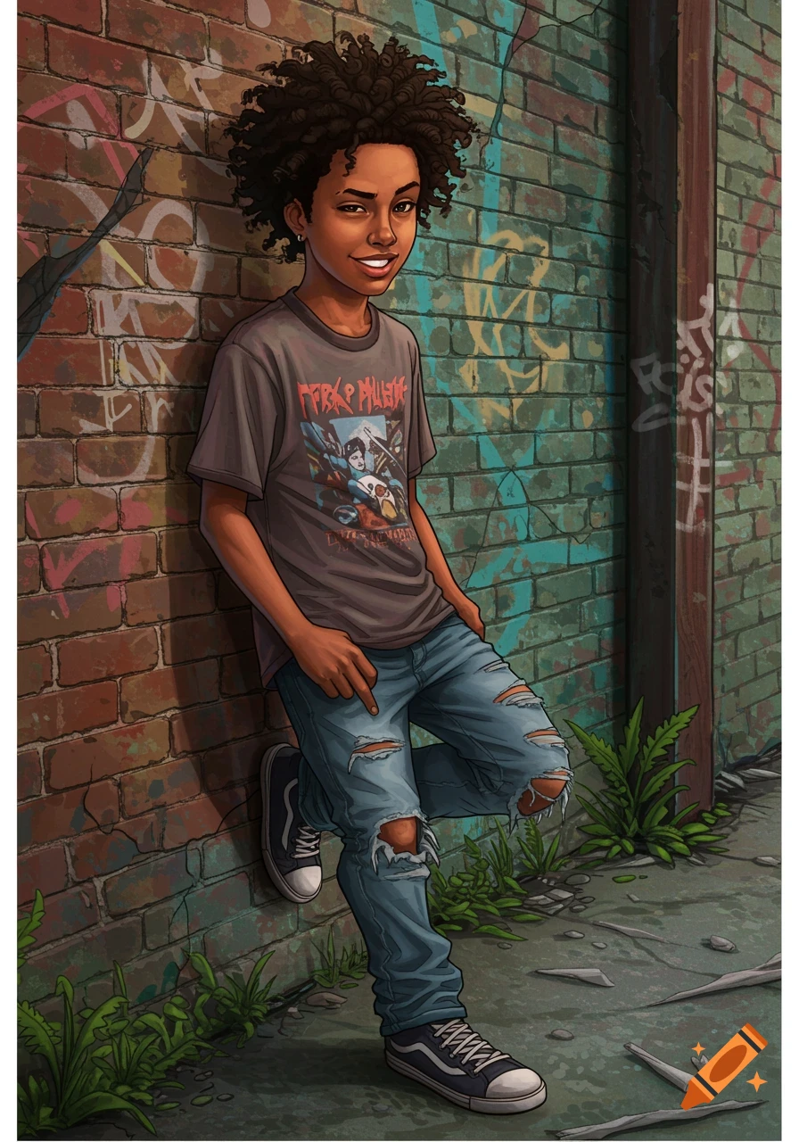 A teenage boy with an afro leaning against a graffiti-covered brick wall.