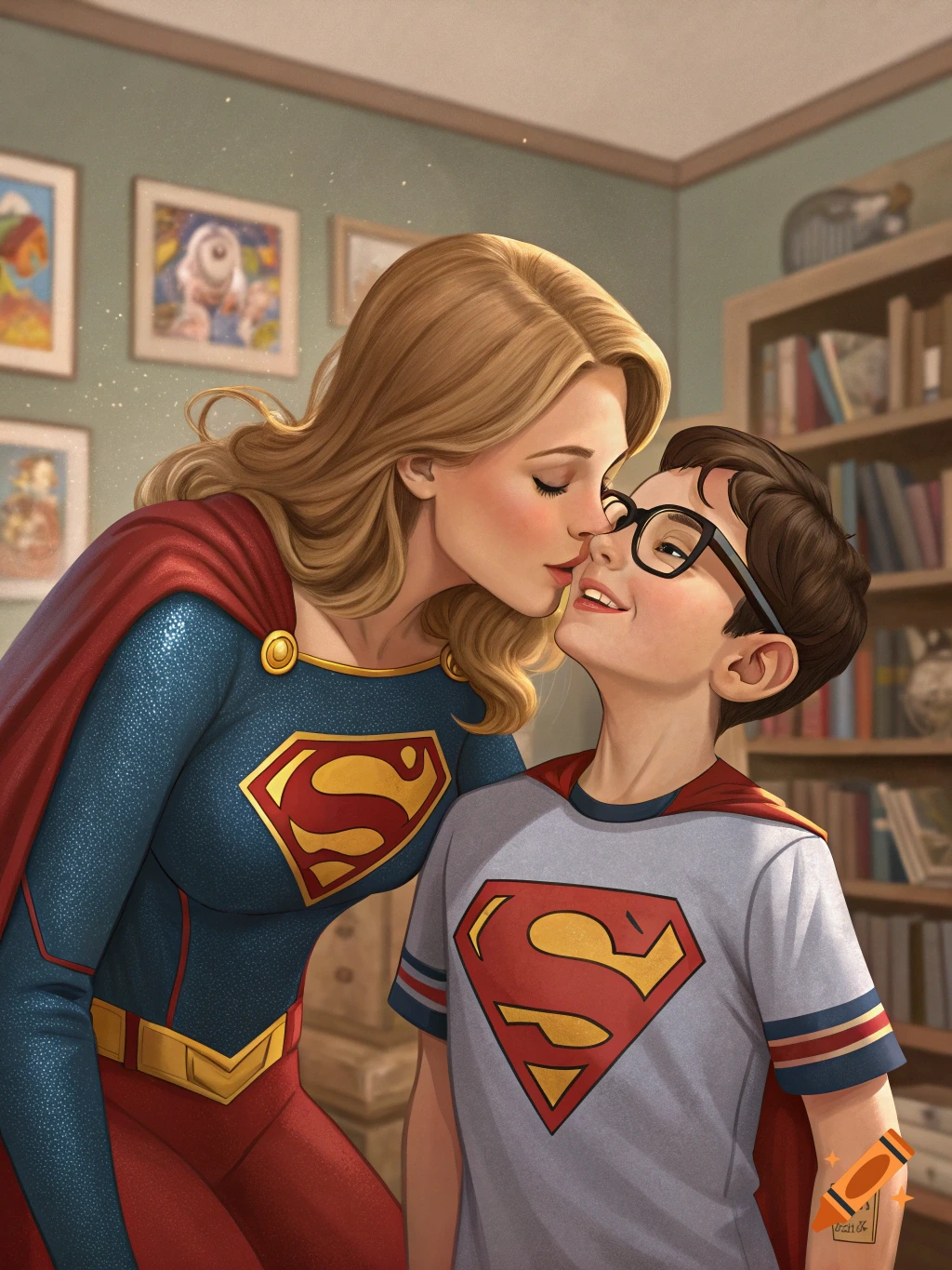 Illustration of Supergirl kissing a boy on the cheek in a room.