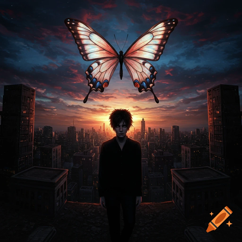 A figure stands on a rooftop overlooking a city skyline at sunset with a large butterfly above them.