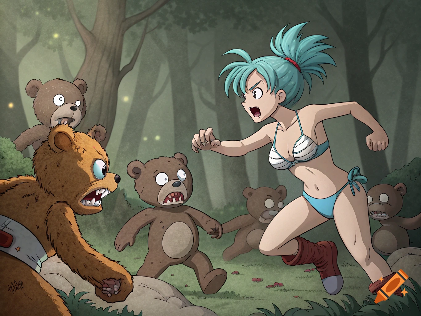 Anime character in bikini runs from scary teddy bears in a forest, cartoon style.