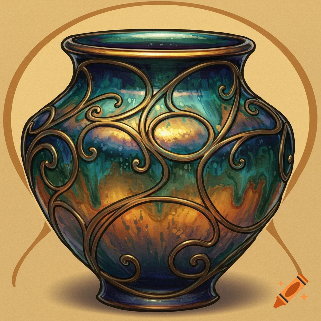 Art nouveau raku pottery vessel with teal, gold, and blue glaze