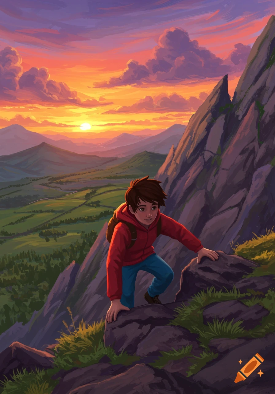 Illustrated boy climbing mountain at sunset.