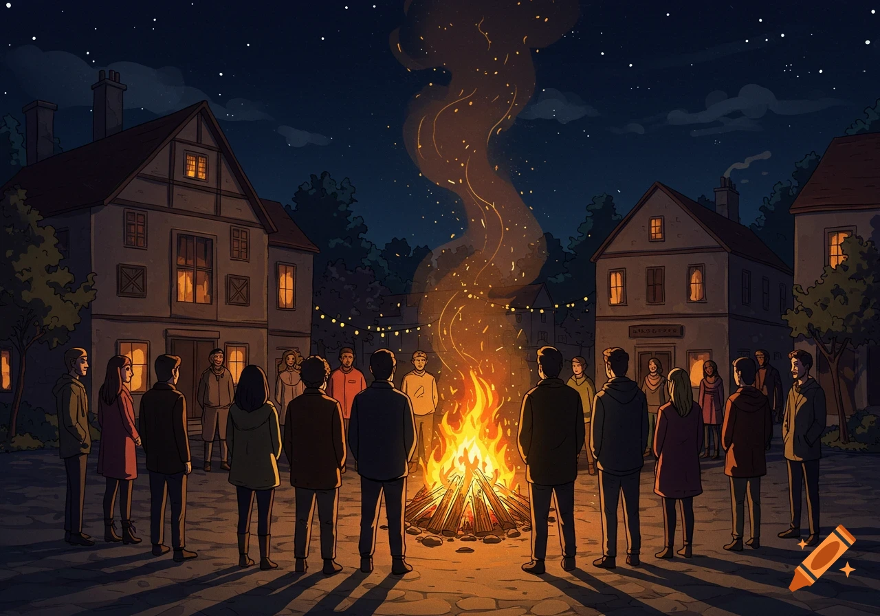 Hand-drawn illustration of people gathered around a large bonfire in a town square at night.