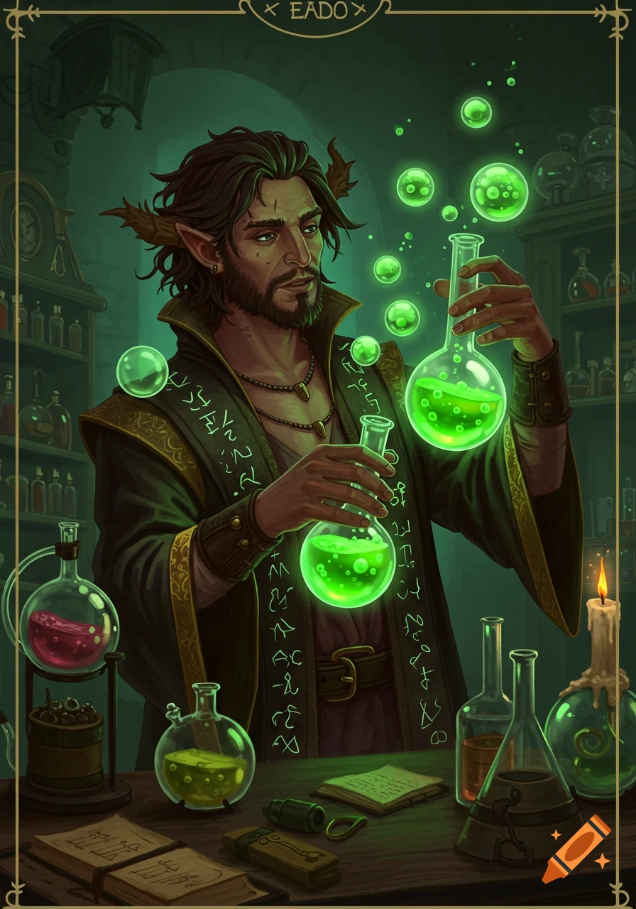 Illustration of a male alchemist in a dark lab holding glowing potions, with bubbles rising.