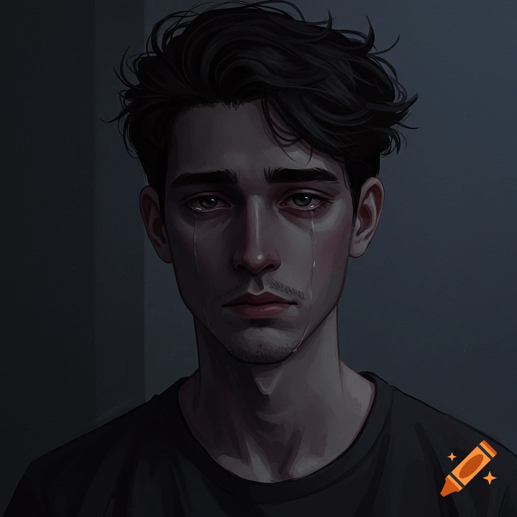 Digital art portrait of a sad man crying