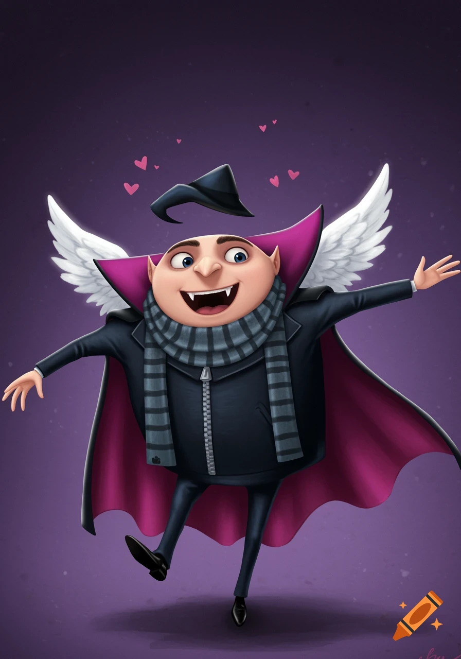 Cartoon illustration of Gru from Despicable Me dressed as a vampire with white wings and hearts floating on a purple background.