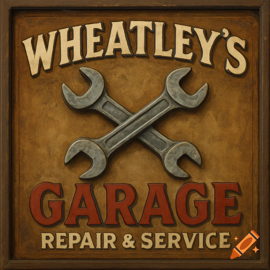 A wooden sign for Wheatley's Garage featuring crossed wrenches.