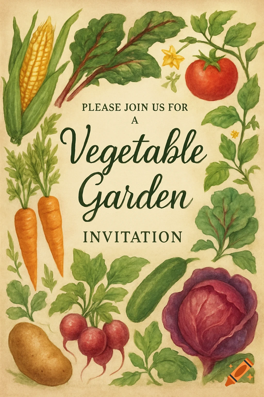 Watercolor invitation card with vegetables and text.